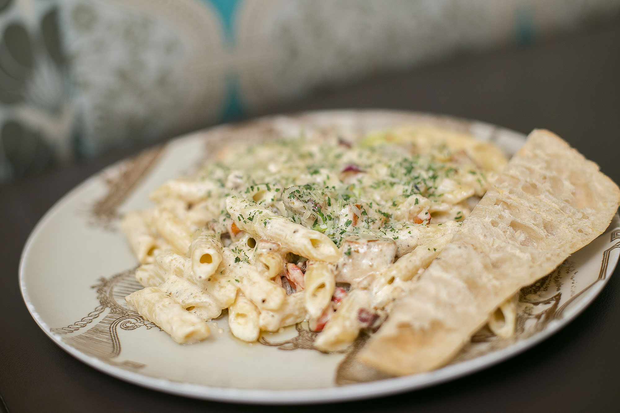 sauteed, red, peppers, onions, pancetta, tossed, steamed, broccoli, penne, pasta, noodles, creamy, alfredo, sauce
